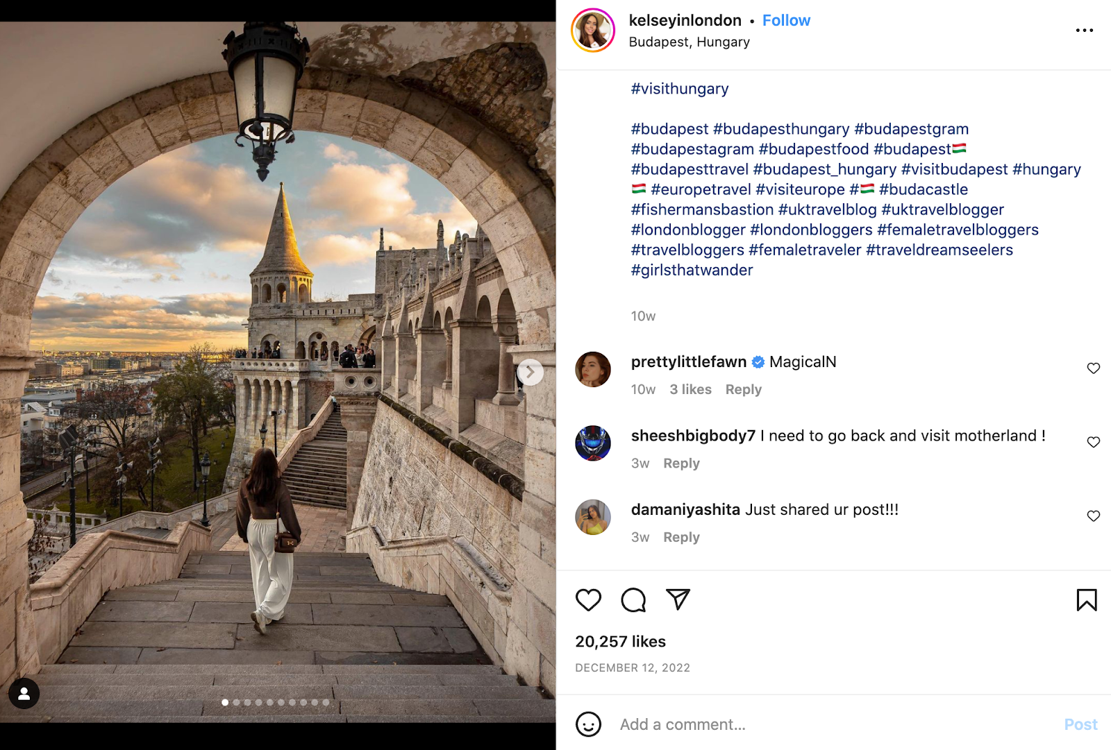 A screenshot of the kelseyinlondon post on Instagram featuring hashtags and a photo of a girl in Budapest