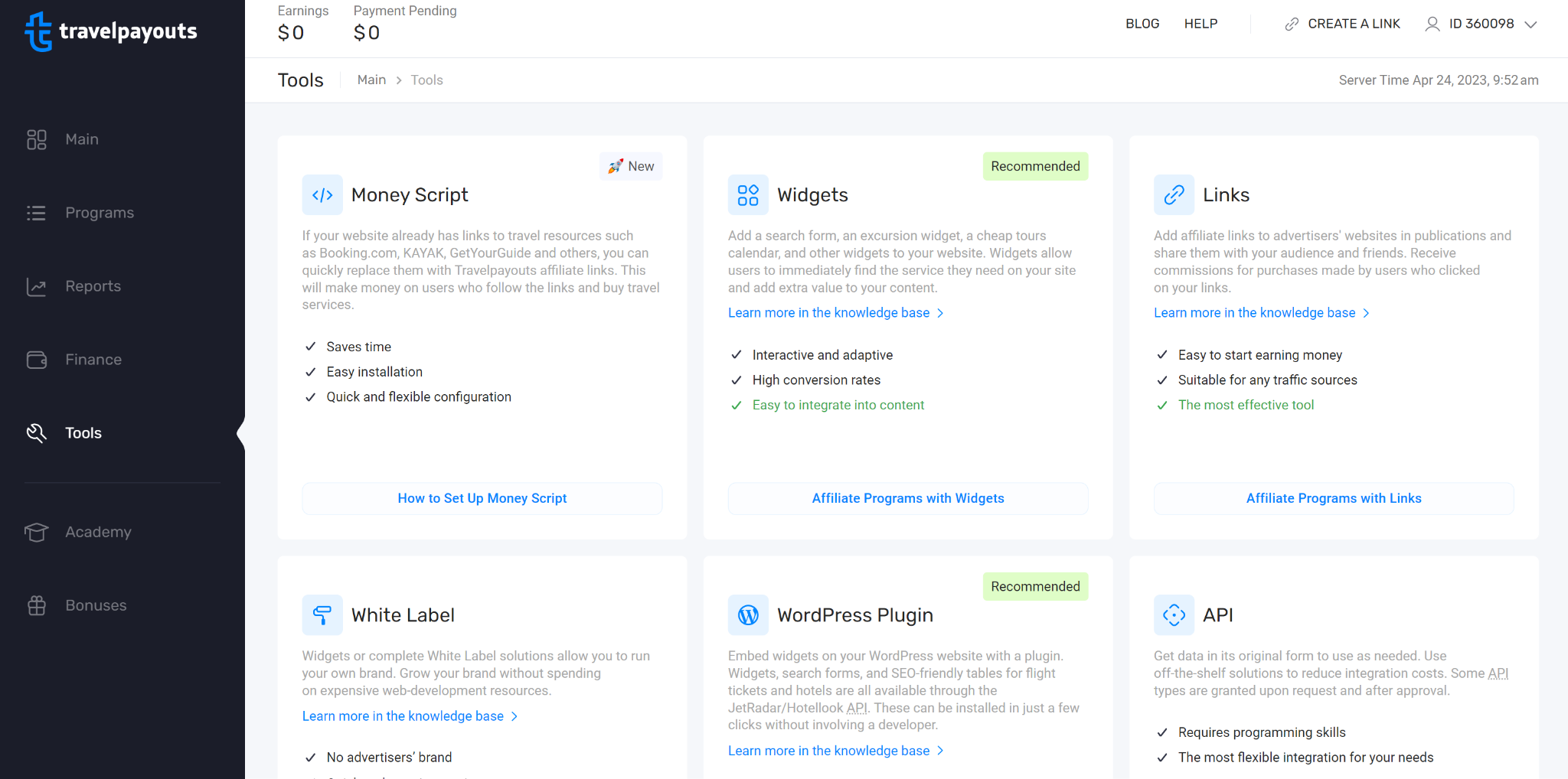 A screenshot of the Travelpayouts dashboard featuring the Tools section