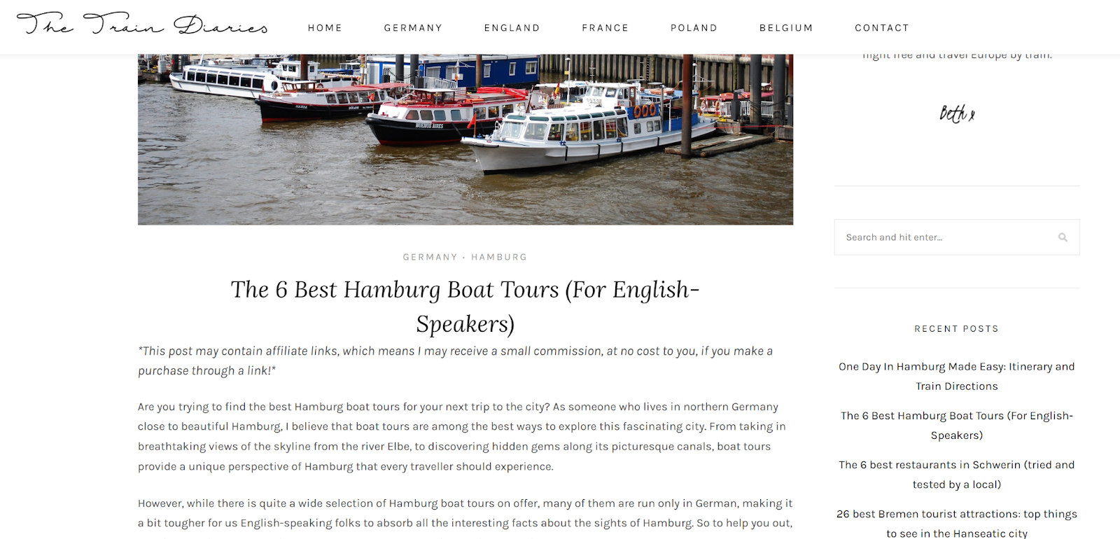 A screenshot featuring the The 6 Best Hamburg Boat Tours post on The Train Diaries website