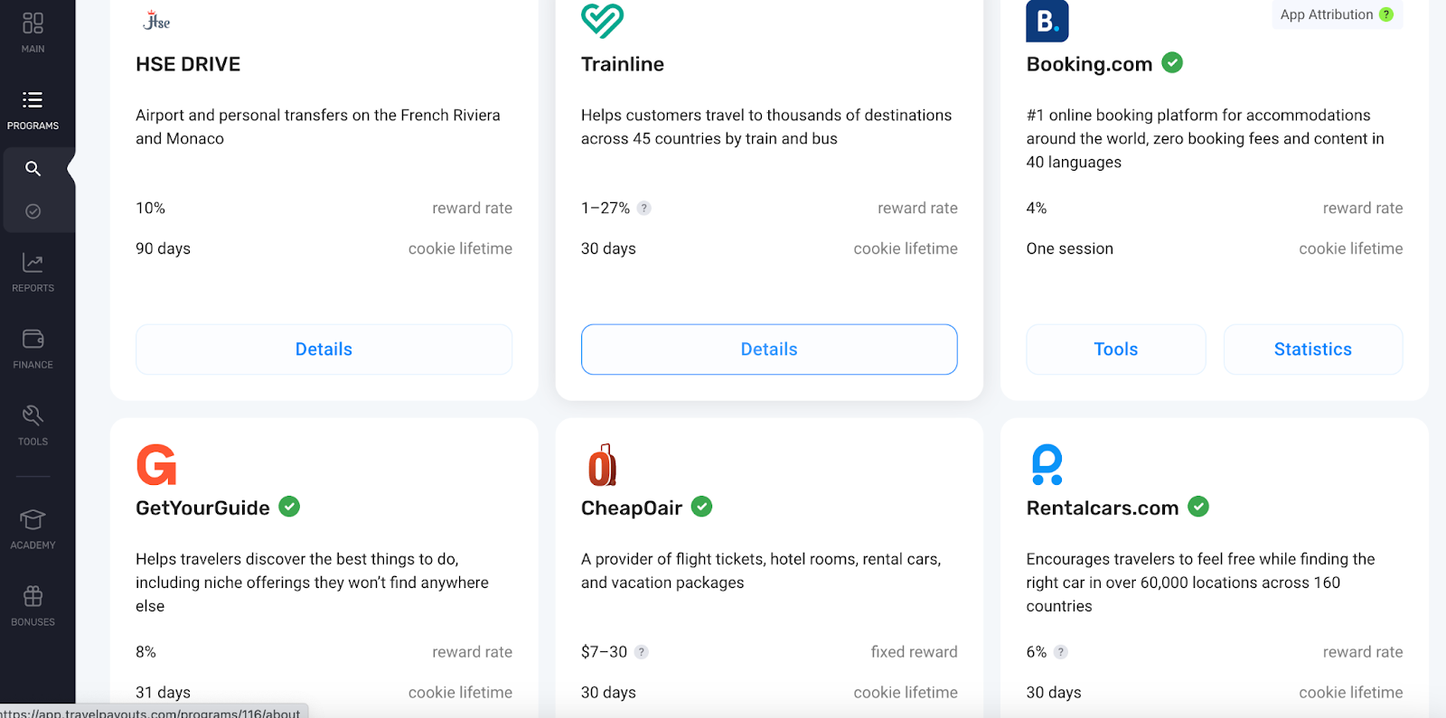 The image displays the program guide available with Travelpayouts with partnerships with HSE Drive, Trainline, Booking.com, GetYourGuide, CheapOair, and Rentalcars.com.