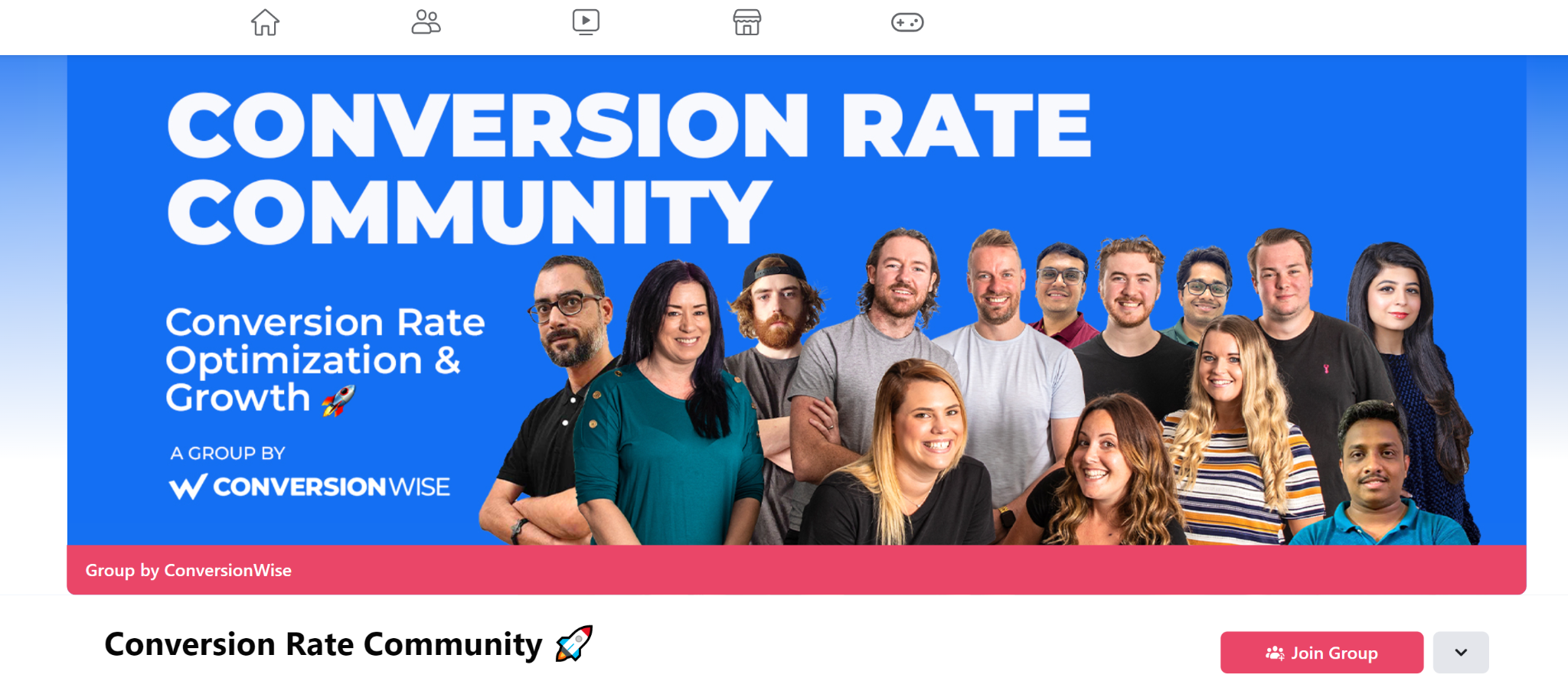 A screenshot featuring the Conversion Rate Community Facebook Page