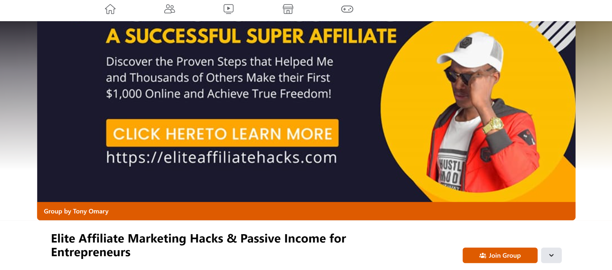 A screenshot featuring the Elite Affiliate Marketing Hacks & Passive Income for Entrepreneurs Facebook Page