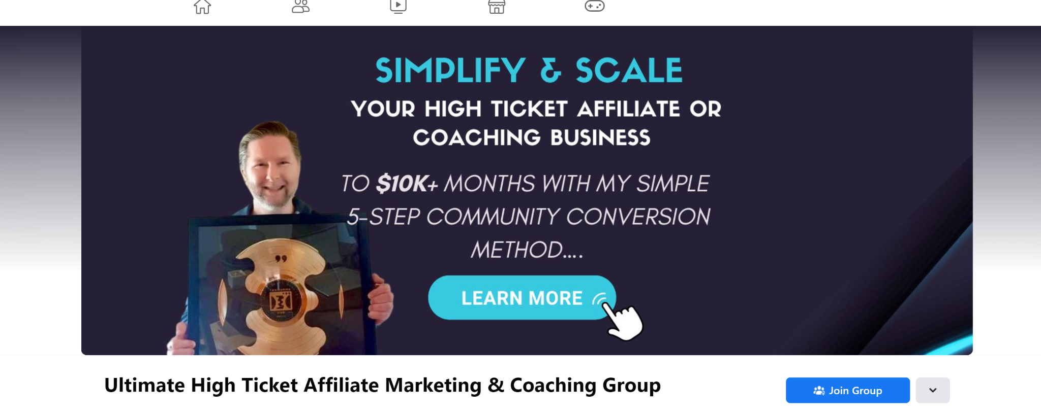 A screenshot featuring the Ultimate High Ticket Affiliate Marketing & Coaching Group Facebook Page 