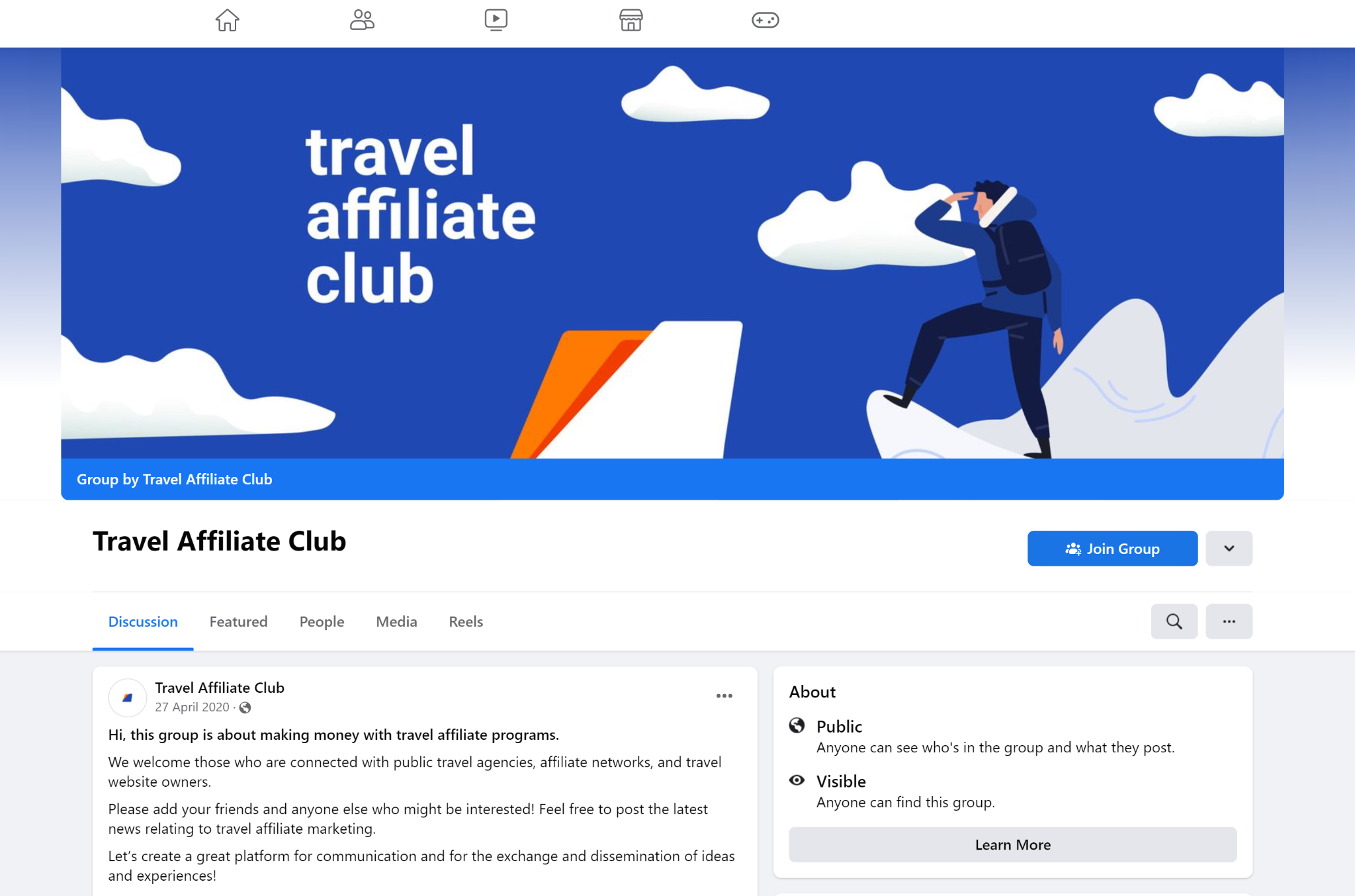 A screenshot featuring the Travel Affiliate Club Facebook page