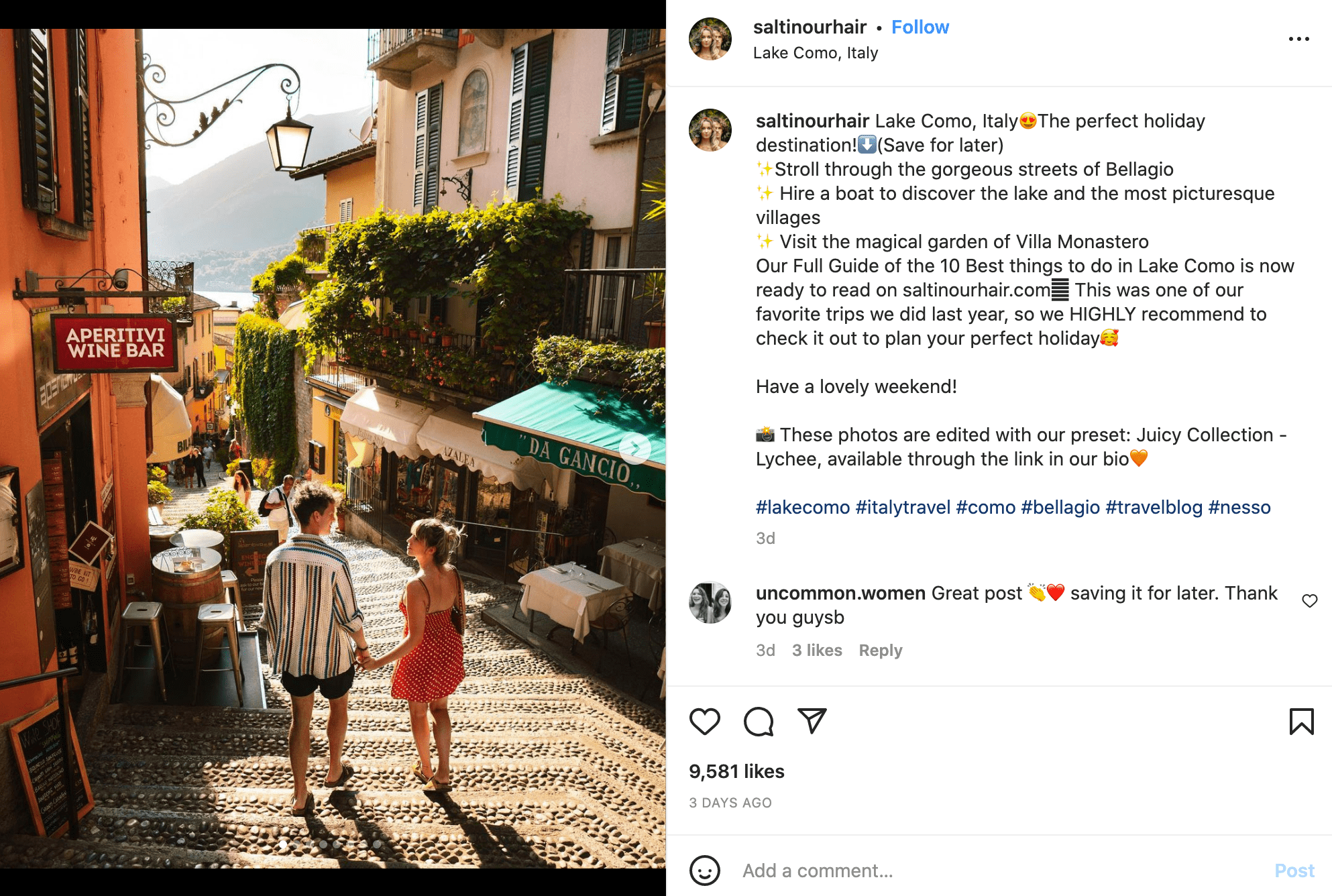 A screenshot of the saltinourhair Instagram travel blog featuring a photo of a couple in a town