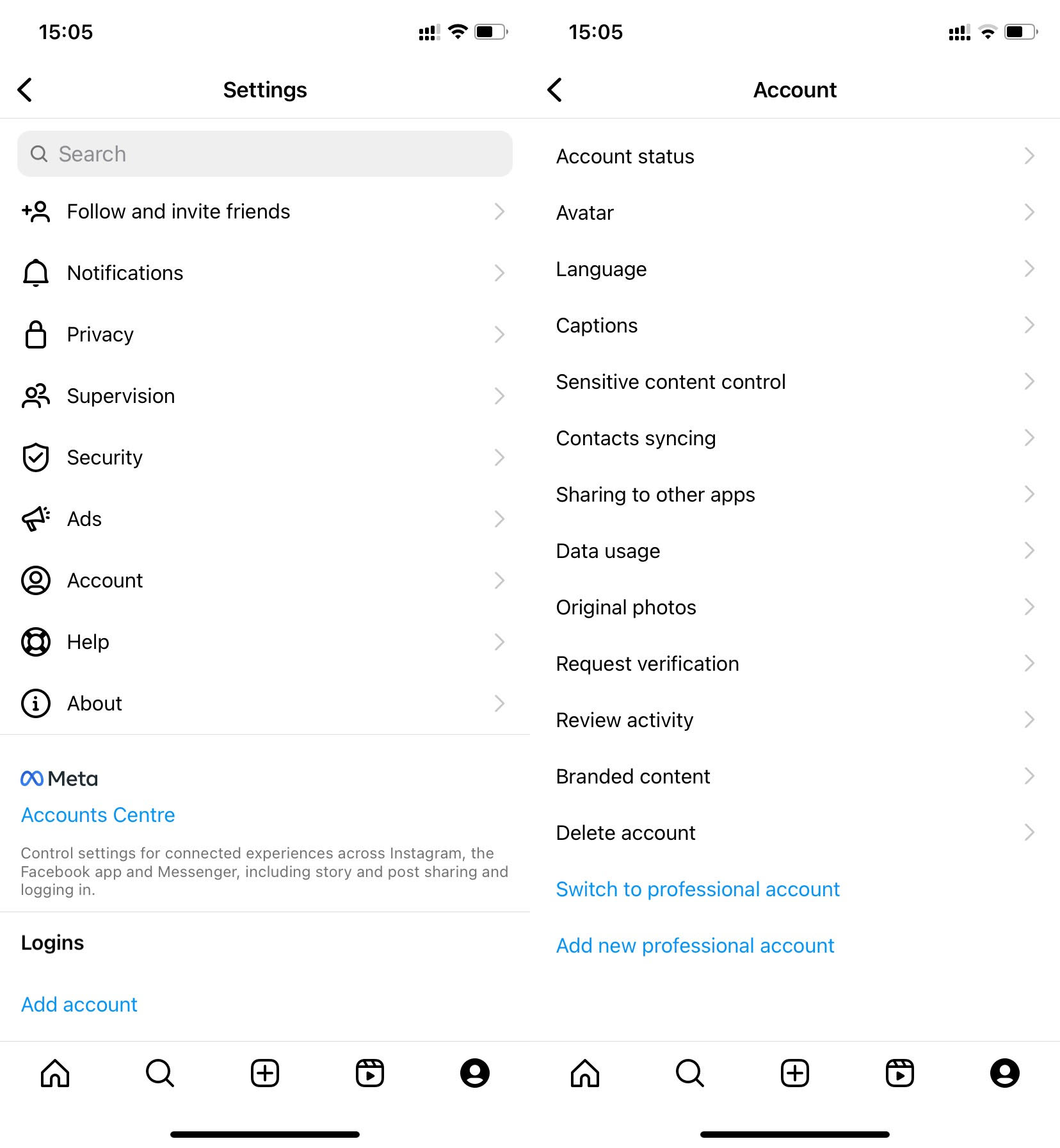 A screenshot of the “Settings” and “Account” sections on Instagram