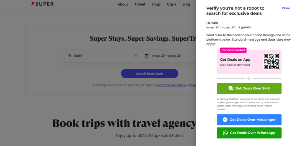 A screenshot of the SuperTravel search results page with links to deals via SMS, Messenger, and WhatsApp