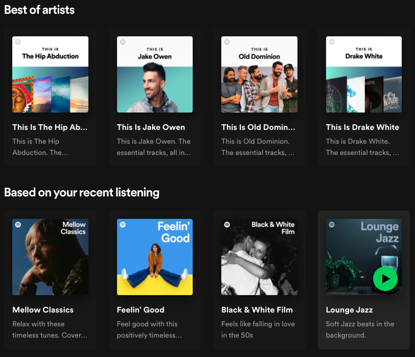 The image displays eight playlists that Spotify recommends based on user preferences, search trends, and history.