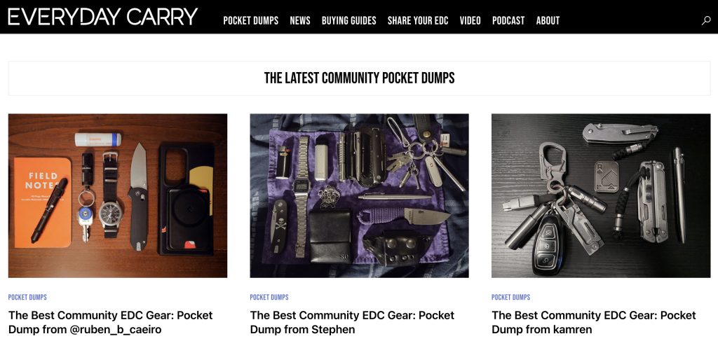 Everyday Carry homepage with three of the “latest community pocket dumps” 