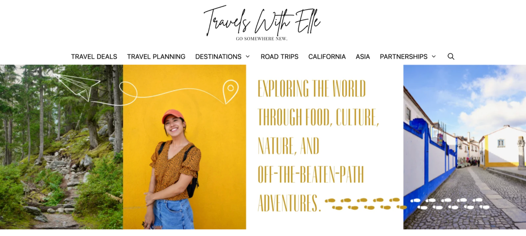 Travels With Elle blog homepage with the heading “Exploring the world through food, culture, nature, and off-the-beaten-path adventures."