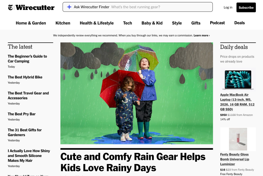 Wirecutter homepage with the featured article titled “Cute and Comfy Rain Gear Helps Kids Love Rainy Days”