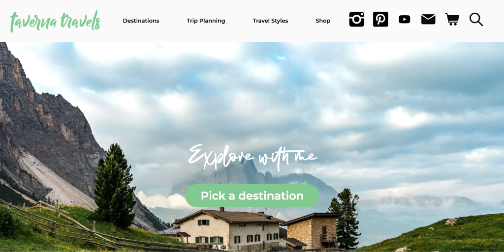 Taverna Travels homepage with the heading “Explore with me” and a “Pick a destination” button underneath