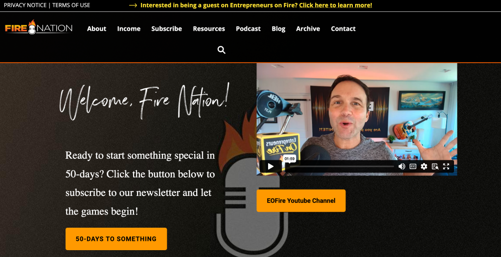 Entrepreneurs on Fire homepage with the heading “Welcome, Fire Nation!” and a video from the EOFire YouTube channel on the right