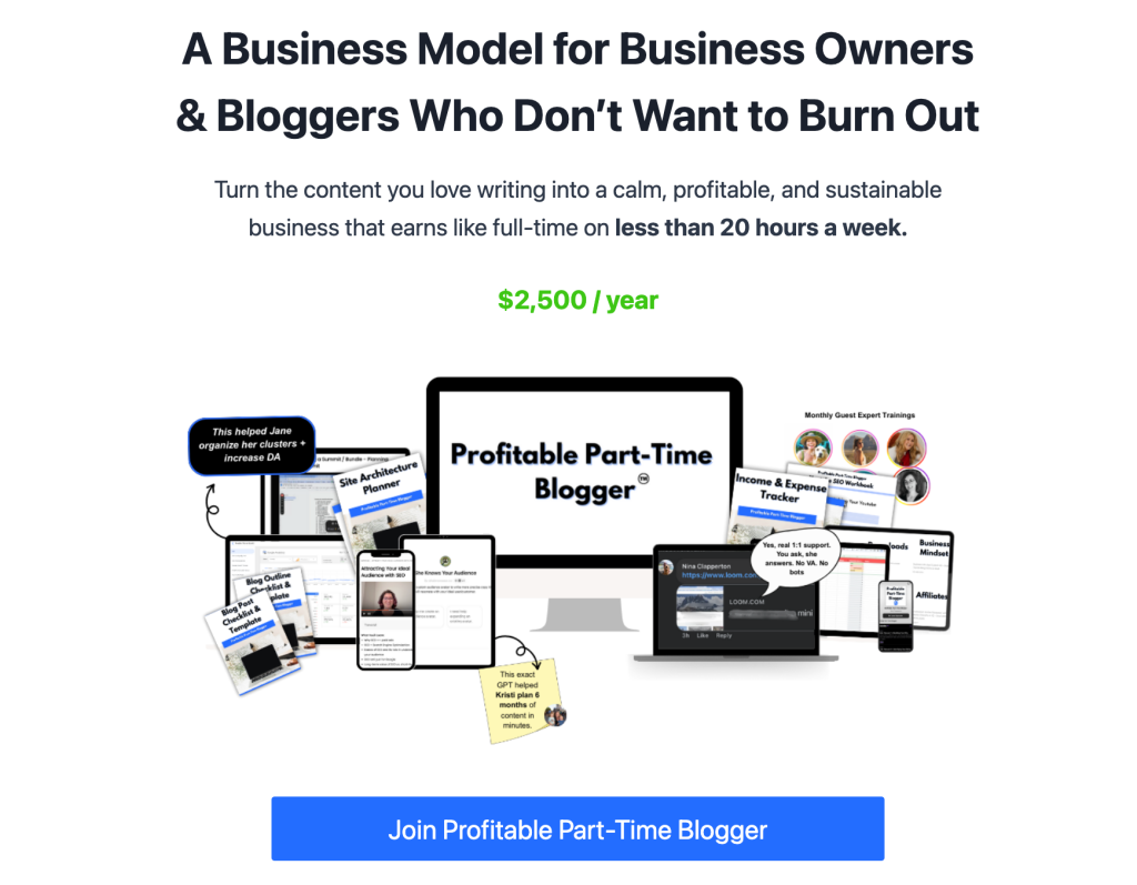 Profitable Part-Time Blogger landing page with the banner text saying “A Business Model for Business Owners & Bloggers Who Don’t Want to Burn Out” and a CTA button to join