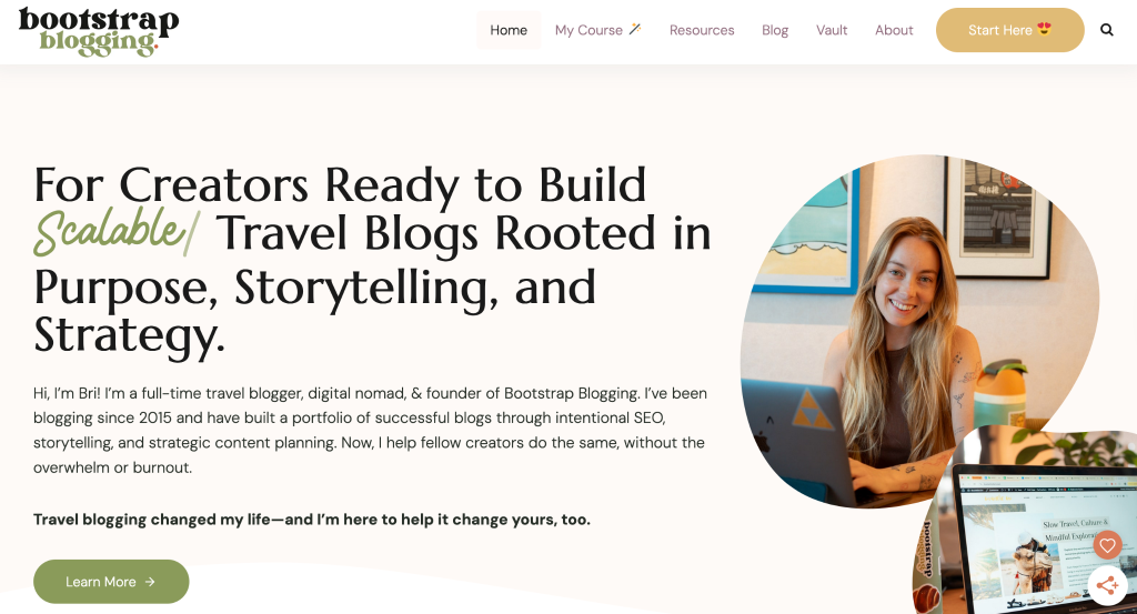 Bootstrap Blogging website homepage with the banner text saying “For Creators Ready to Build Scalable Travel Blogs Rooted in Purpose, Storytelling, and Strategy” and a CTA button to learn more