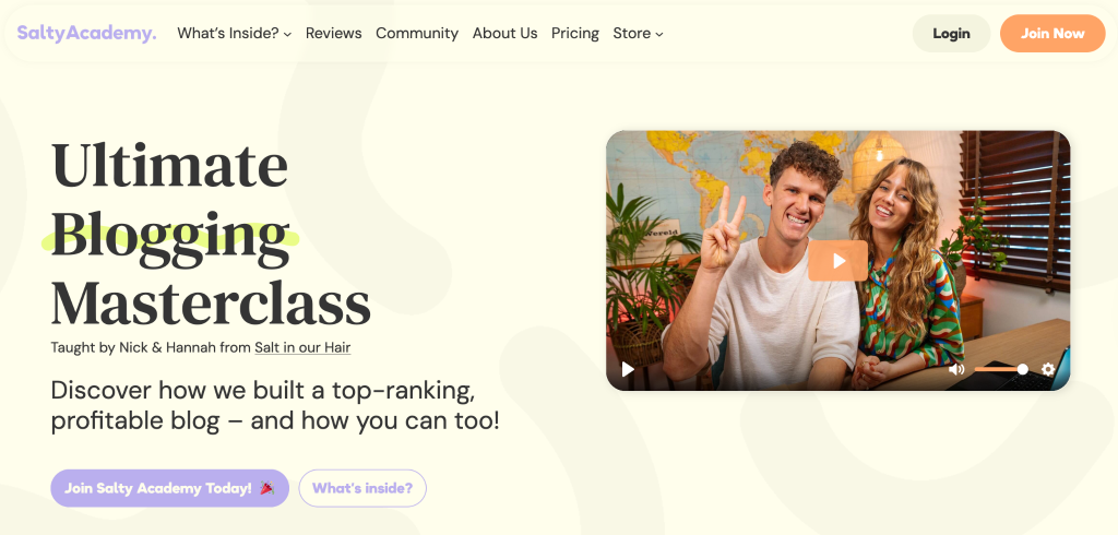 Salty Academy homepage with the tagline “Ultimate Blogging Masterclass” and two CTA buttons to join and learn what’s included