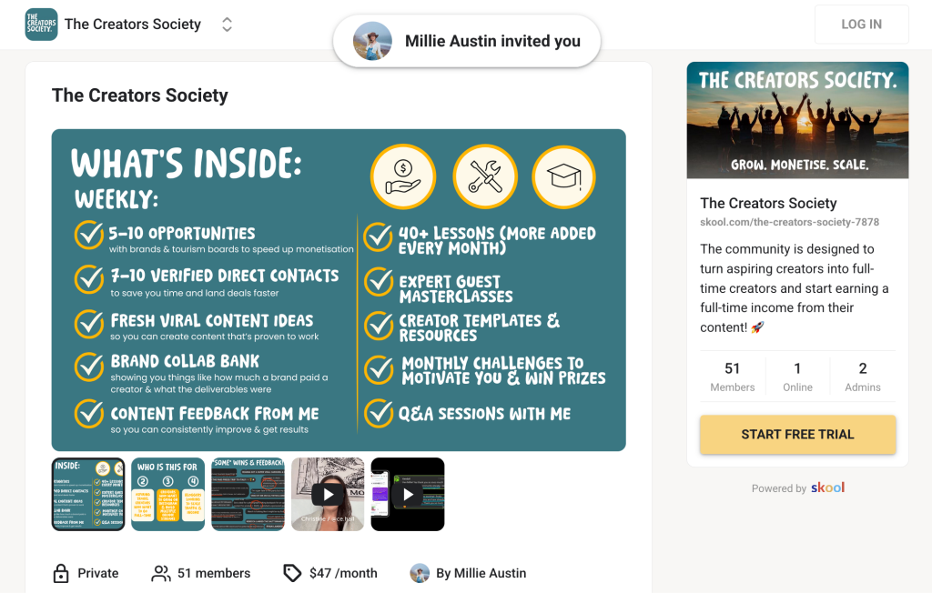 The Creators Society by Millie Austin landing page with the description “The community is designed to turn aspiring creators into full-time creators and start earning a full-time income from their content! 🚀” and a CTA button to start the free trial