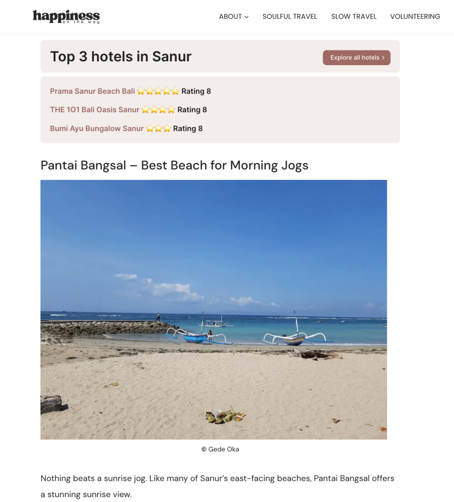 A section of a blog post with the heading “Pantai Bangsal – Best Beach for Morning Jogs” and a hotel recommendation block with three options on top