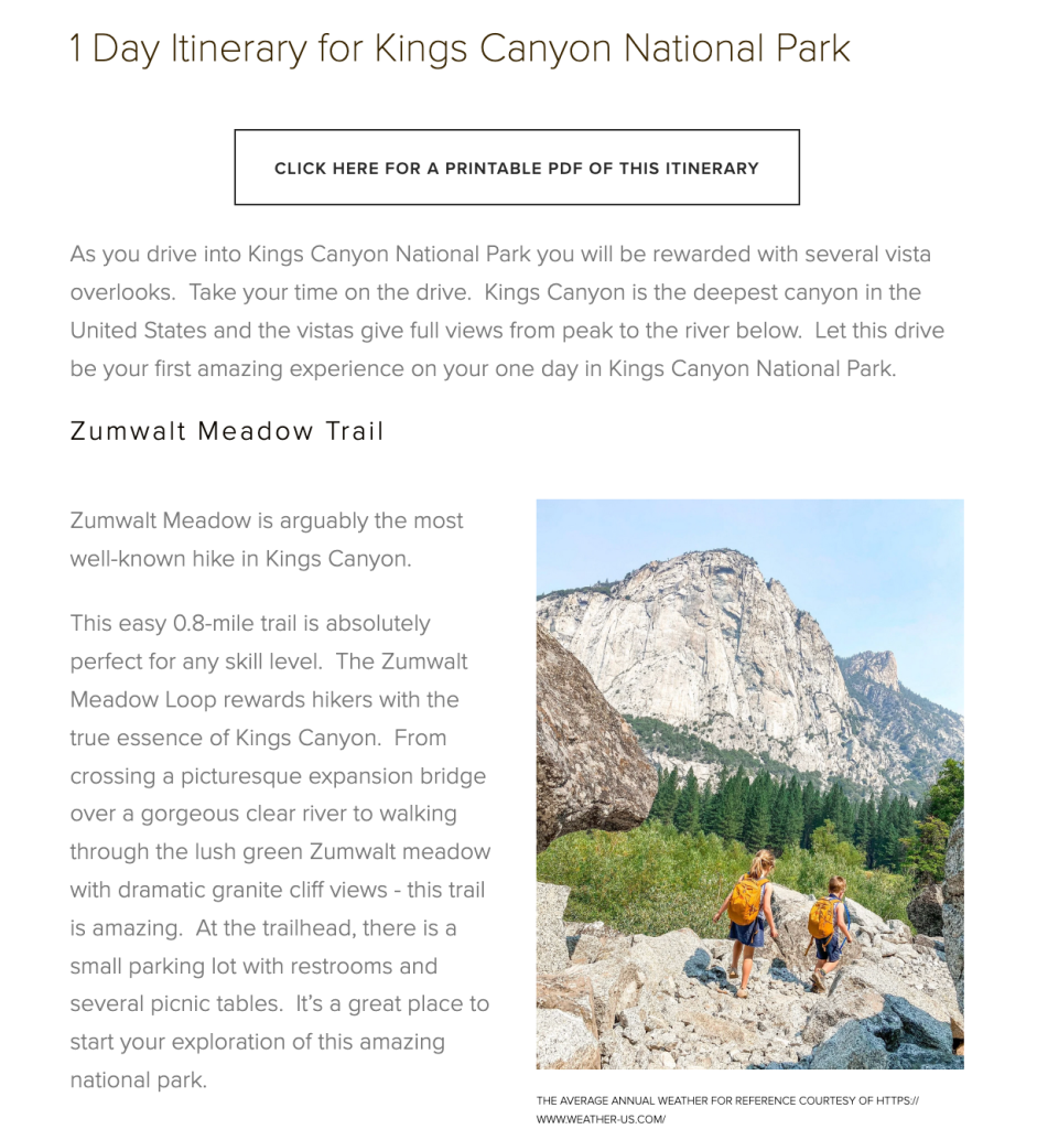 A section of a blog post with the heading “1 Dat Itinerary for Kings Canyon National Park” and a CTA button to get a printable PDF of the itinerary below