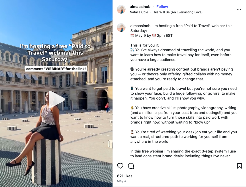 An Instagram Reel announcing a free webinar, “Paid to Travel,” that promises to provide a 3-step system the creator uses to get brand deals