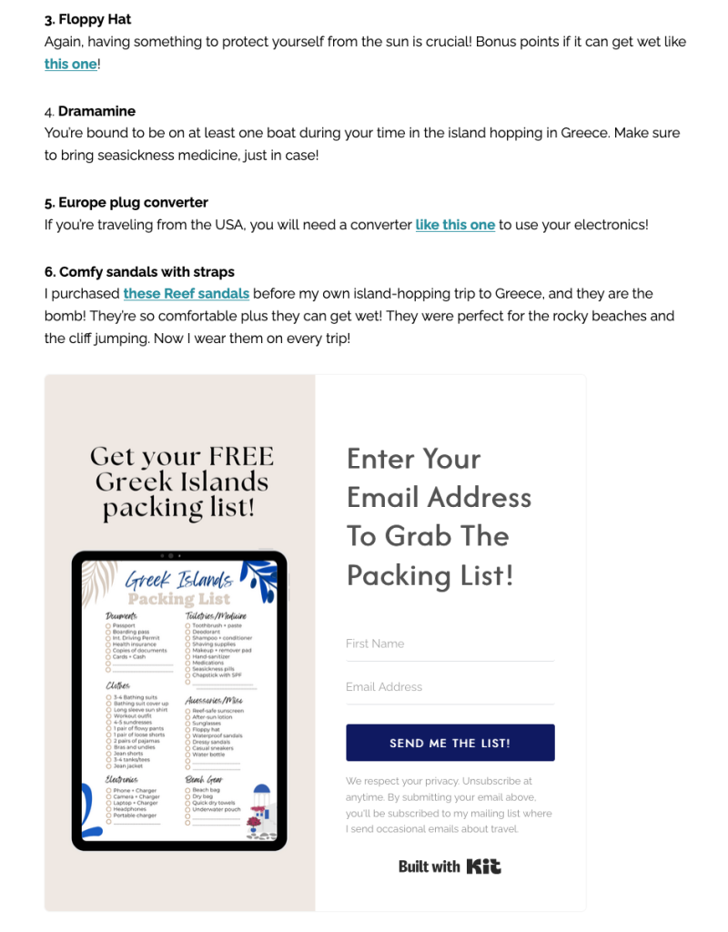 Part of the blog article with a submission form to get the packing list with fields for name and email and a CTA button “Send me the list!”
