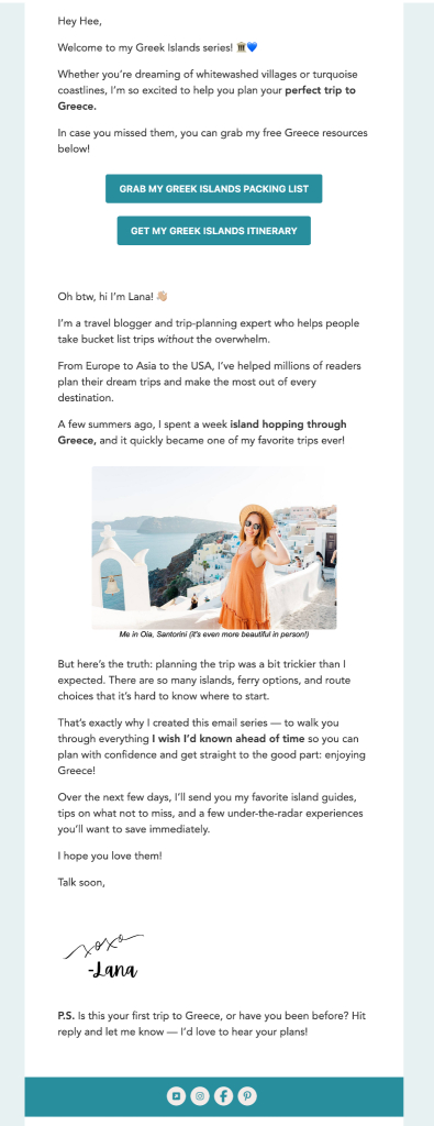 An email from Lana introducing the Greek Islands series and sharing links to the packing list and itinerary for the trip