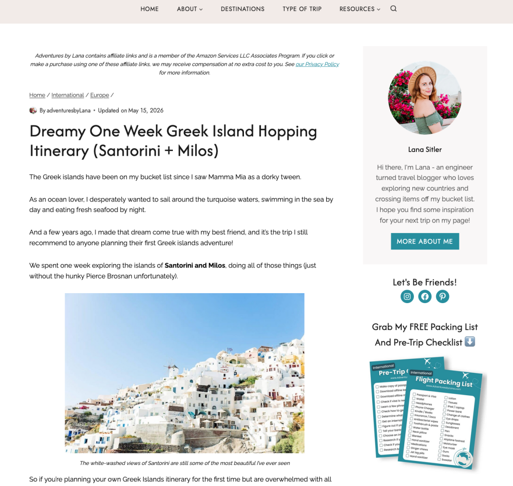A blog page with the heading “Dreamy One Week Greek Island Hopping Itinerary (Santorini + Milos)”