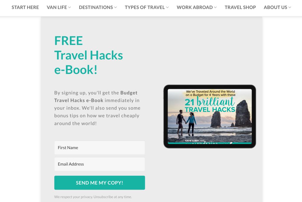 A landing page with an email submission form and a prominent teal CTA button “Send me my copy!”