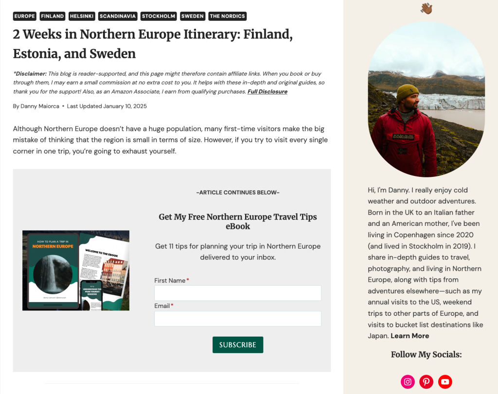 An article titled “2 Weeks in Northern Europe Itinerary: Finland, Estonia, and Sweden” with a subscription form asking for a reader’s first name and email in exchange for a free Northern Europe travel tips e-book