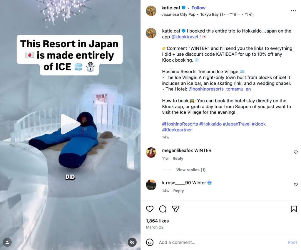 A reel about a Japanese resort on Katie Caf’s Instagram with a caption mentioning her discount code and a keyword to comment to get links to all of the activities the blogger showed 