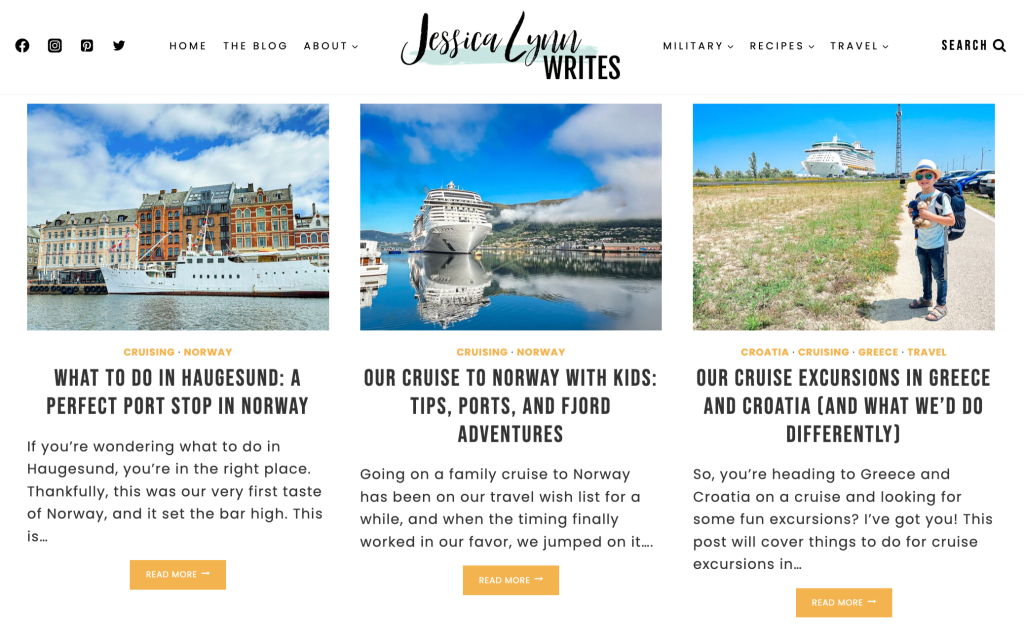 Three articles on the Jessica Lynn Writes blog titled “What to Do in Haugesund: A Perfect Port Stop in Norway,” “Our Cruise to Norway with Kids: Tips, Ports, and Fjord Adventures,” and “Our Cruise Excursions in Greece and Croatia (And What We’d Do Differently)”
