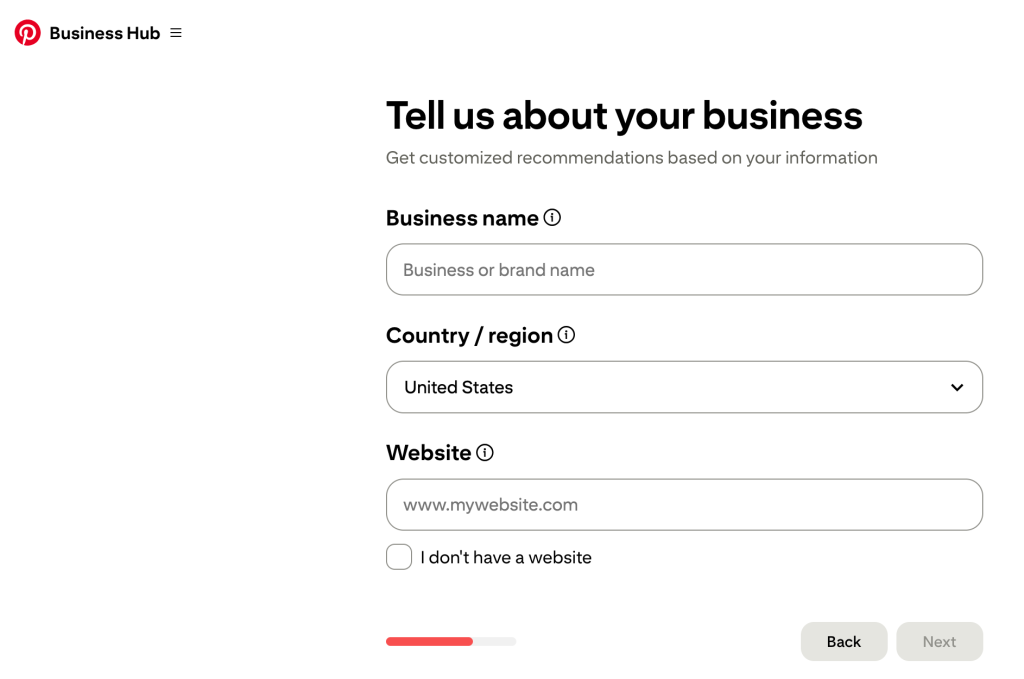 Pinterest business profile creation stage with the headline “Tell us about your business” and fields for a business name, country/region, and website