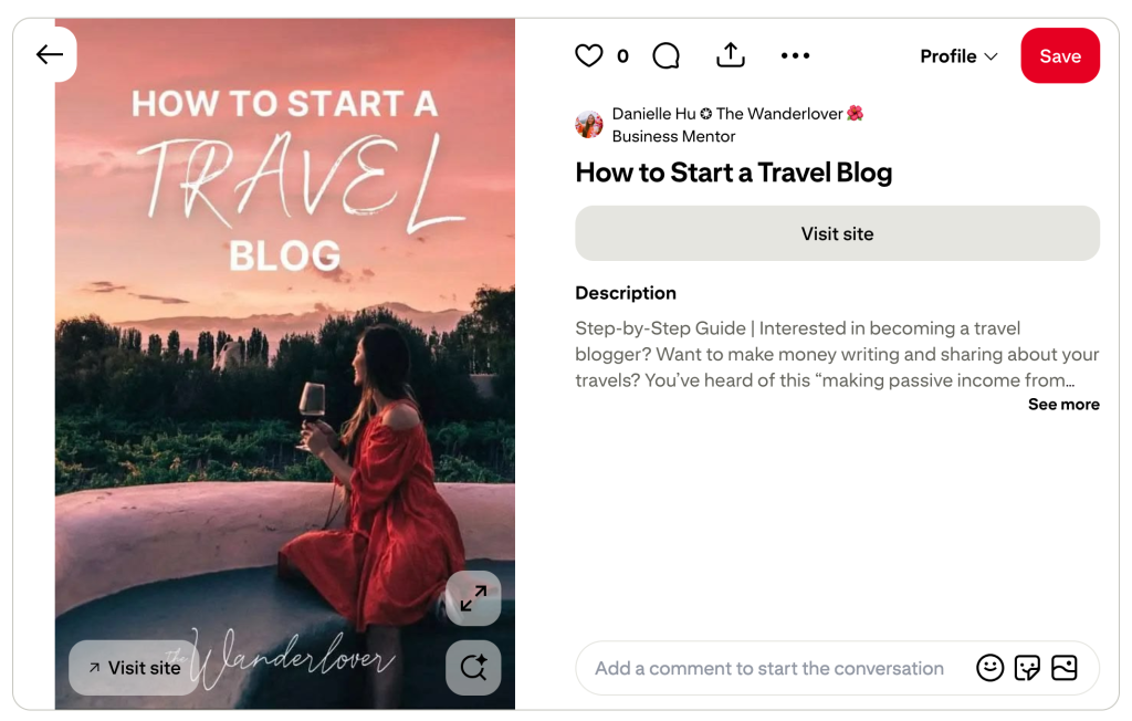A pin from Danielle Hu on starting a travel blog with her bright profile photo to the right
