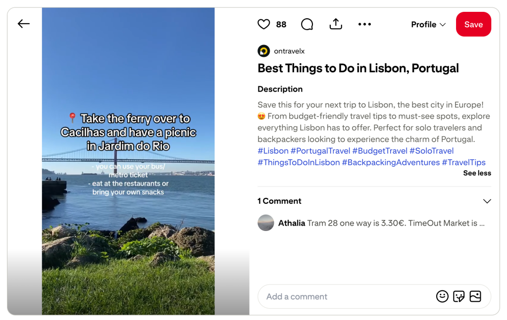 A video on Pinterest about activities to do in Lisbon with an informative description and many relevant keywords