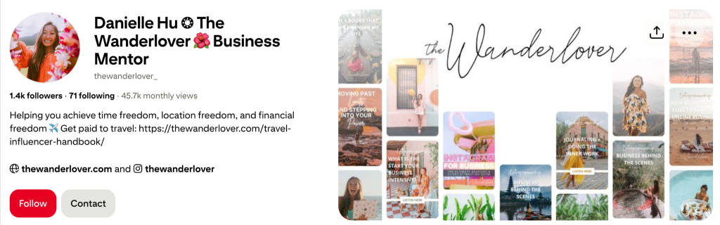 A profile page of the travel blogger Danielle Hu with a profile description that says “Helping you achieve time freedom, location freedom, and financial freedom ✈️” and includes a link to the author’s handbook