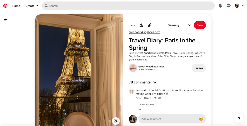 A “Travel Diary: Paris in the Spring” pin with a photo of the Eiffel Tower and a link to a website in the right corner