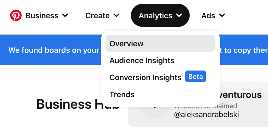 A Pinterest Business interface with options for analytics, including overview, audience and conversion insights, and trends