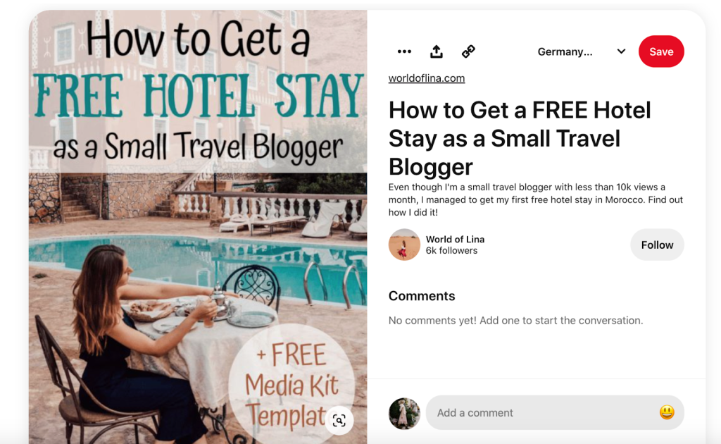How to get a free hotel stay as a small travel blogger pin from World of Lina