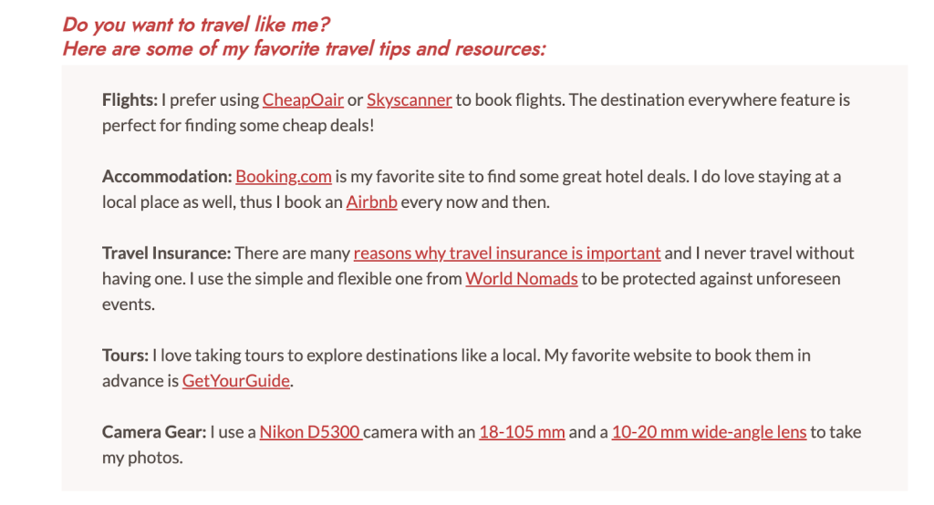 Travel tips and resources section on the World of Lina travel blog