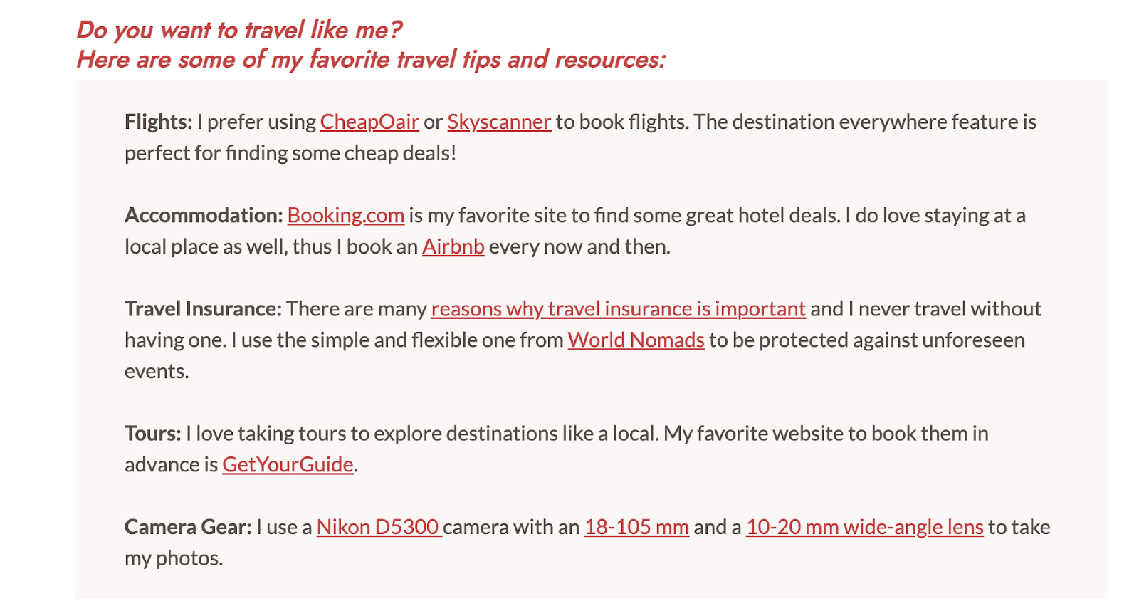 A screenshot of the Travel tips and resources section on the World of Lina travel blog
