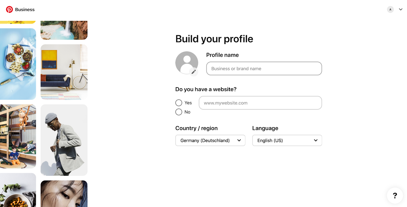 A screenshot of the Pinterest page with the brand questionnaire to create a profile