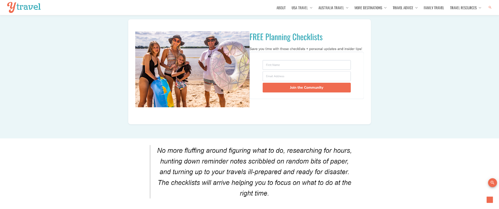 A screenshot featuring a free travel planning checklist on the yTravel Blog website