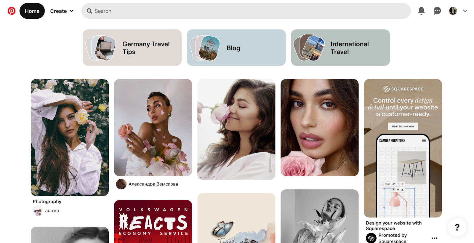 A screenshot of the Pinterest homepage with various content recommendations