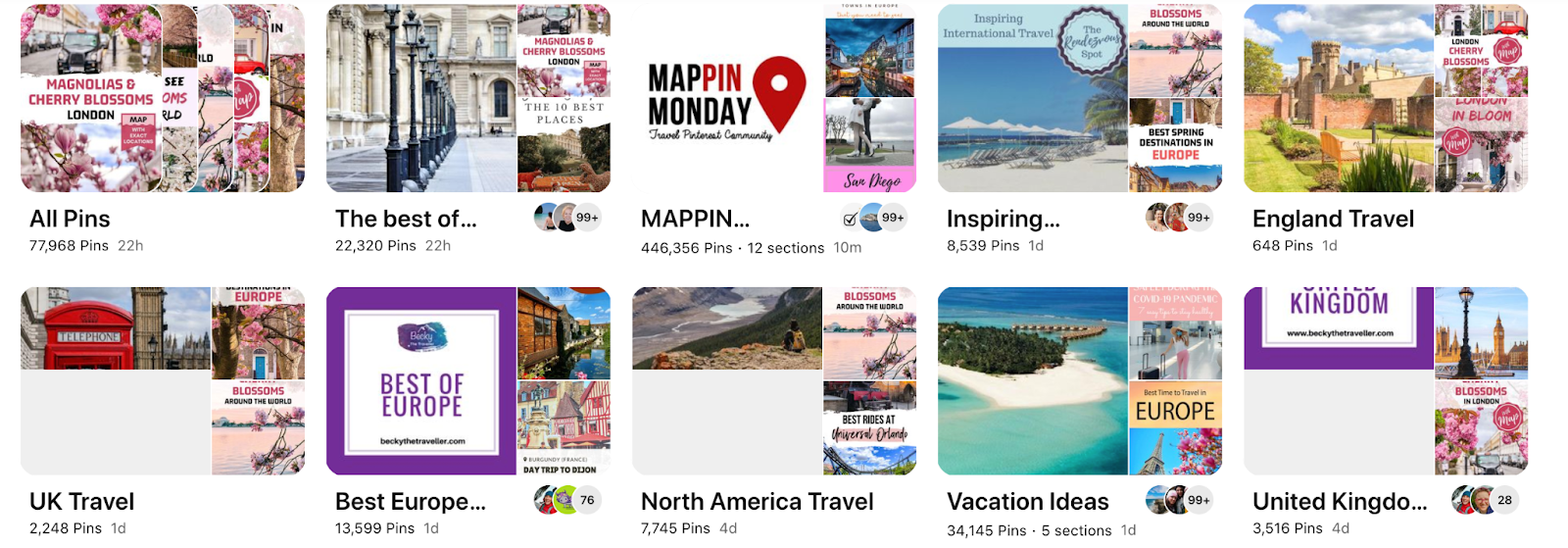 A screenshot of pin boards for different destinations