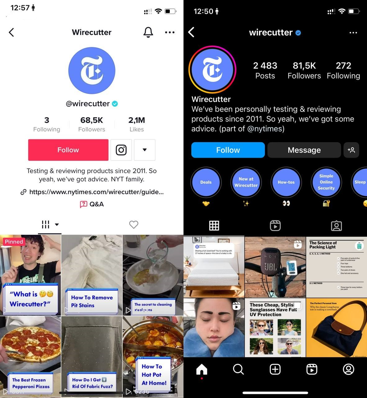 A screenshot featuring Wirecutter TikTok and Instagram accounts