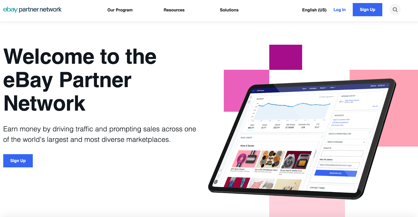 A screenshot of the homepage of the eBay Partner Network featuring a photo of a tablet with the network`s affiliate dashboard