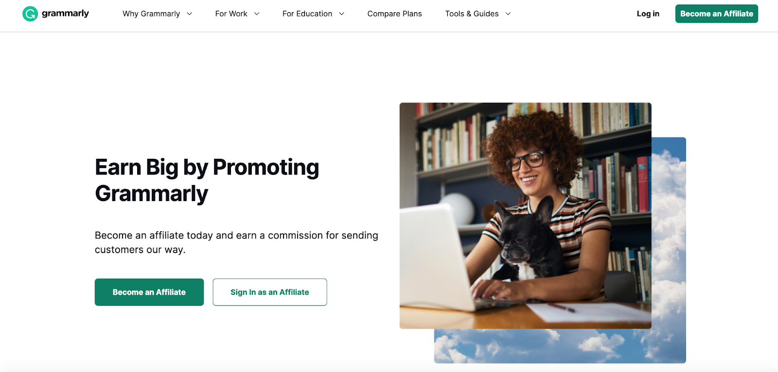 A screenshot of the Grammarly Affiliate Program featuring a photo of a girl with a laptop