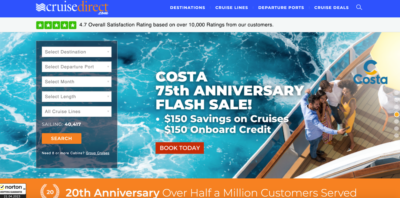 A screenshot of the Cruise Direct homepage