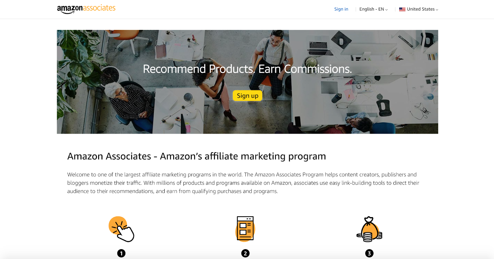 A screenshot of the Amazon Associates homepage featuring a photo of the office from above
