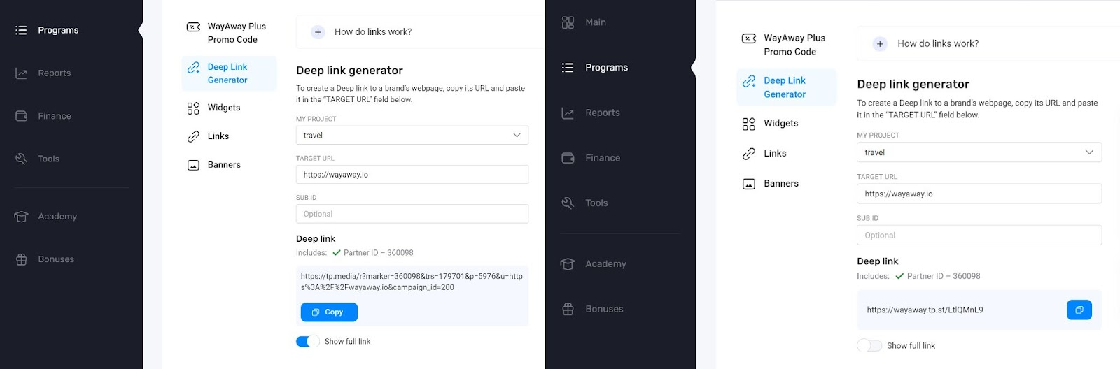 A screenshot showing a full link vs a link that has been shortened with the Travelpayouts link shortener